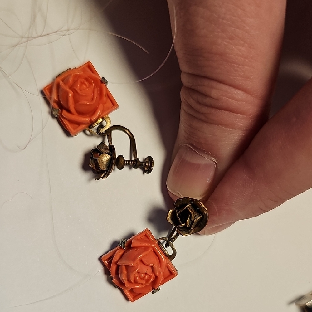 Vintage Faux Coral Rose Earrings Screwbacks